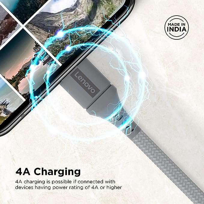 Lenovo Micro USB Tangle-free Aramid fiber braided 1m cable with 4A charging & 480 MBPS data transmission, certified 10000+ bend lifespan, Metallic Grey Lenovo Micro USB Tangle-free Aramid fiber braided 1m cable with 4A charging & 480 MBPS data transmission, certified 10000+ bend lifespan, Metallic Grey